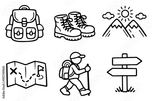 Hiking adventure outline icons set in minimalist line art vector style with camping and trekking elements