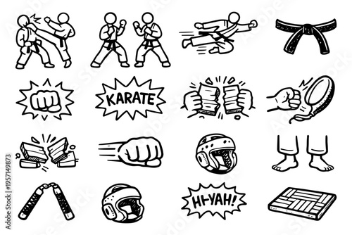 Karate martial arts outline icons set in minimalist line art vector style with fighting and training elements