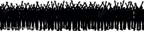 Large crowd of people silhouettes with raised hands celebrating together, community event audience concept, social gathering excitement isolated black vector illustration background design