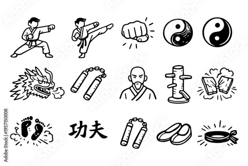 Kung fu martial arts outline icons set in minimalist line art vector style with asian fighting elements