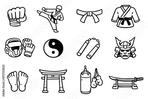 Kung fu martial arts outline icons set in minimalist line art vector style with asian fighting elements