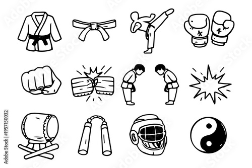 Kung fu martial arts outline icons set in minimalist line art vector style with asian fighting elements