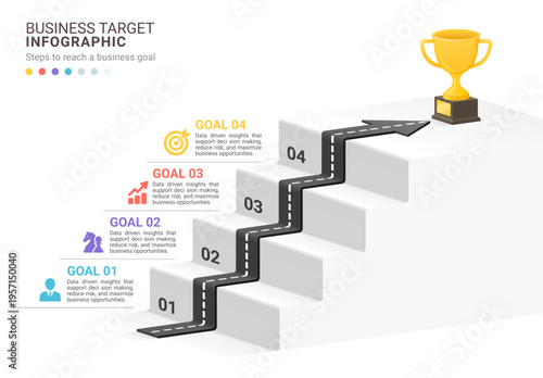 Business 3D staircase 4 steps infographic template and a road arrow pointing up to a gold trophy. Vector illustration