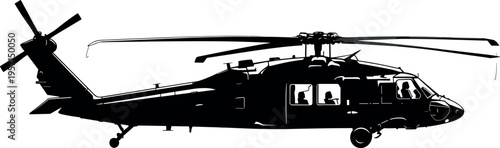 Military helicopter silhouette with spinning rotor blades and cockpit detail, aviation transport aircraft vector illustration isolated on light background for defense and rescue themes
