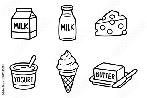 Dairy products outline icons set in minimalist line art vector style with milk and food elements