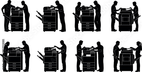 Office workers using photocopier machine silhouette set, business people printing and scanning documents, workplace productivity concept, modern equipment operation vector illustration isolated on 