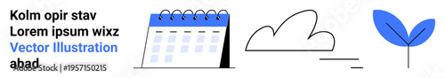 Time management, weather tracking, environmental care, nature conservation, ecology, and design. Calendar, cloud and leaf symbols in simple minimalist style. Time management and weather tracking