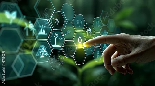 Hand interacting with futuristic eco-friendly technology interface in nature
