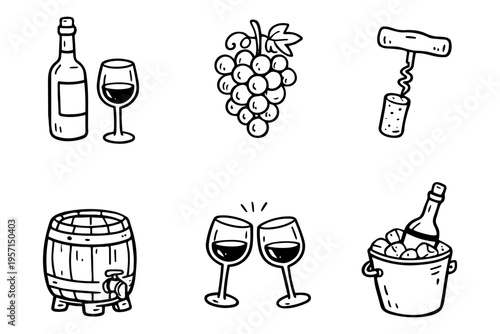 Wine outline icons set in minimalist doodle line art style with bottle, glass, grapes and winery elements