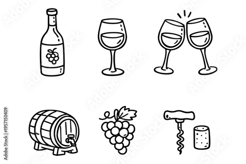 Wine outline icons set in minimalist doodle line art style with bottle, glass, grapes and winery elements