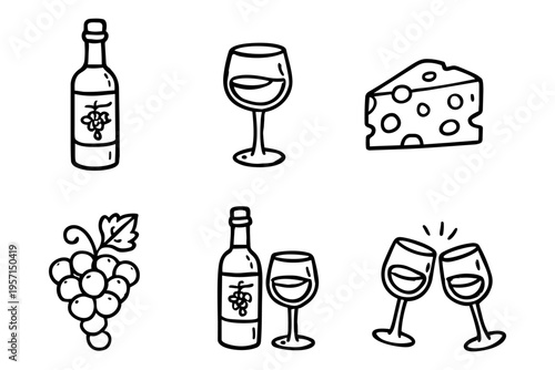 Wine outline icons set in minimalist doodle line art style with bottle, glass, grapes and winery elements
