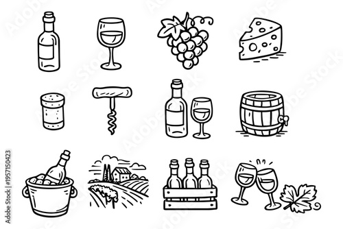 Wine outline icons set in minimalist doodle line art style with bottle, glass, grapes and winery elements