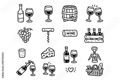 Wine outline icons set in minimalist doodle line art style with bottle, glass, grapes and winery elements
