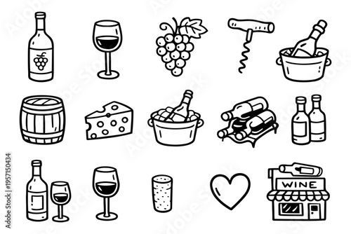 Wine outline icons set in minimalist doodle line art style with bottle, glass, grapes and winery elements
