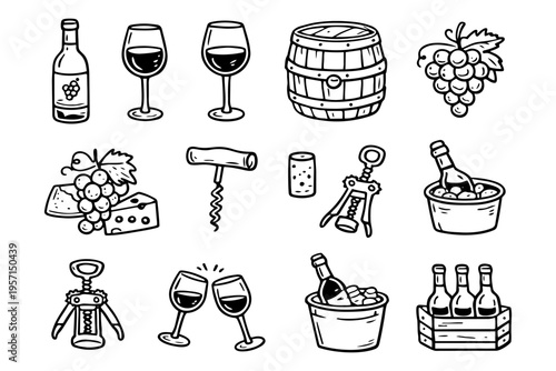 Wine outline icons set in minimalist doodle line art style with bottle, glass, grapes and winery elements