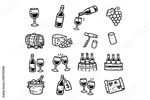Wine outline icons set in minimalist doodle line art style with bottle, glass, grapes and winery elements