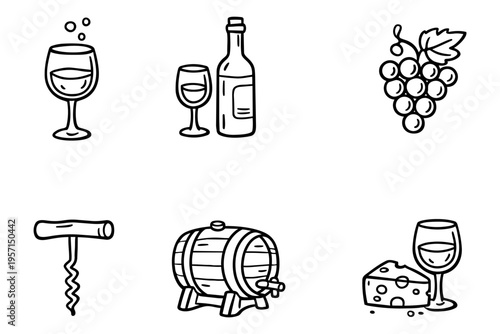 Wine outline icons set in minimalist doodle line art style with bottle, glass, grapes and winery elements