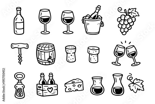Wine outline icons set in minimalist doodle line art style with bottle, glass, grapes and winery elements