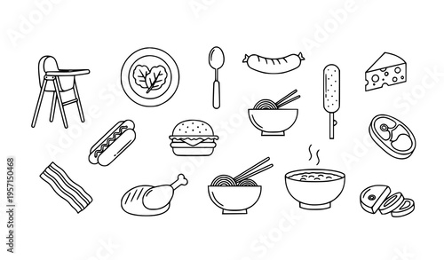 Minimal outline food icons with feeding chair sausage cheese burger noodles and meat elements modern thin line vector