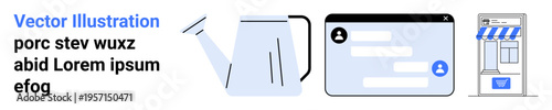 E-commerce, communication, retail business, gardening, user interface design, technology. A watering can, messaging app interface and a small store icon. E-commerce and communication concept