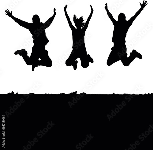 Silhouette of three happy people jumping in celebration isolated on white background, energetic friendship teamwork success concept, freedom joy motion youthful lifestyle motivation banner design