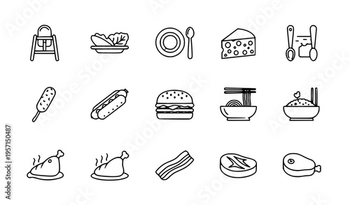 Thin line food and feeding icon set with chair plate spoon sausage burger noodles and meat outline vector collection