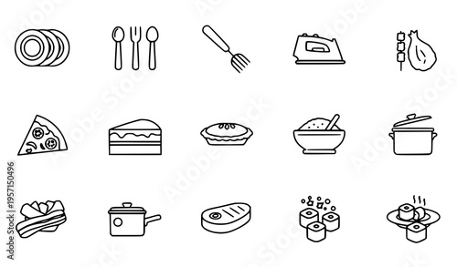 Thin line food and kitchen icon set with plate spoon pizza cake sushi bacon and cookware outline vector collection