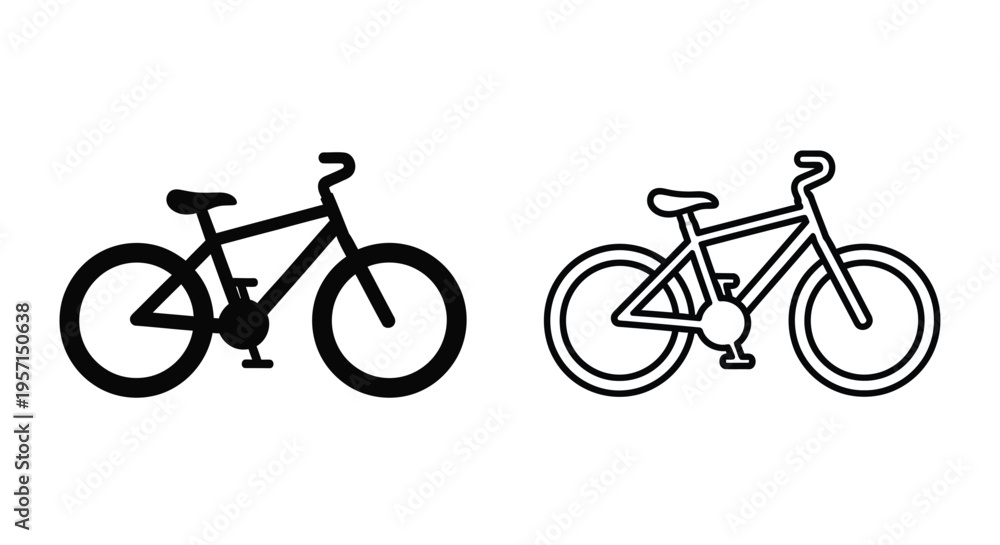 Fototapeta premium Two black and white outline illustrations of classic bicycles are displayed