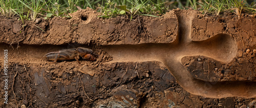 Mole cricket inside underground burrow with visible soil tunnel cross section