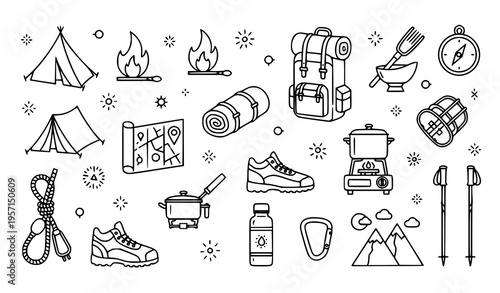 Circular outdoor adventure thin line icon set with tent compass backpack climbing trekking and camping gear vector design