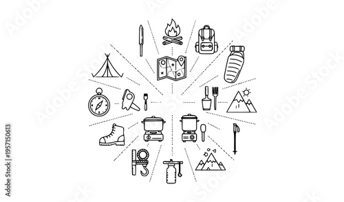 Modern camping and hiking outline icons with tent compass backpack climbing gear and trekking tools thin line vector set