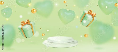Spring green podium, cylinder pedestal with green hearts and gift boxes discount promo spring banner, april sale, render 3d graphics