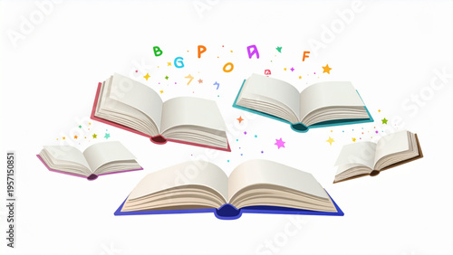 Open Books Releasing Colorful Letters and Stars – Flat Vector Illustration