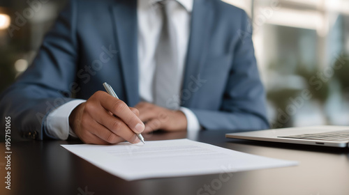 Corporate lawyer conducting detailed contract review with documents and laptop in modern meeting room emphasizing corporate compliance legal responsibility governance frameworks and professional