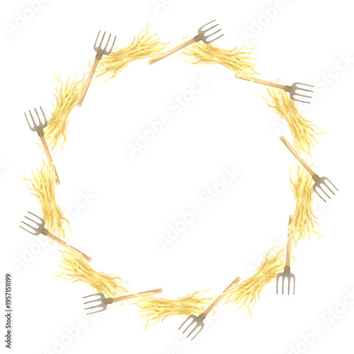 A round, rustic wreath of dry hay, decorated with a pitchfork. Watercolor.