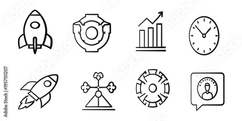 A collection of business and technology icons in a simple line style