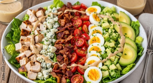 A large white plate with a salad of lettuce, chicken, bacon, avocado, cherry tomatoes, and hard-boiled eggs, drizzled with a creamy dressing.