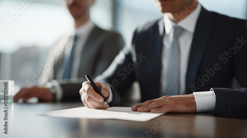 Business law professional reviewing agreements and legal paperwork at conference table in modern meeting room highlighting contract law compliance legal strategy corporate negotiations and
