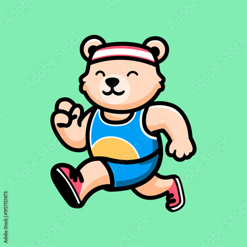 Cute Bear Jogging Cartoon Character Illustration, Funny Fitness Running Mascot Design