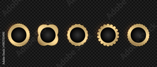 Gold medal badges of various shapes on a dark background, 3D golden buttons stars and ovals, Quality badge metal sticker