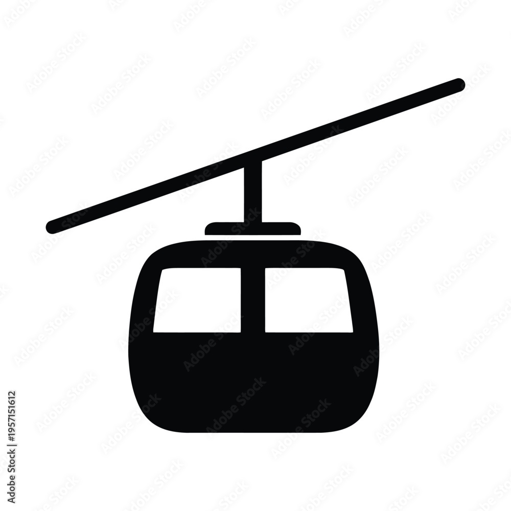 Fototapeta premium A simple black silhouette icon of a cable car suspended from a wire for transport and travel use