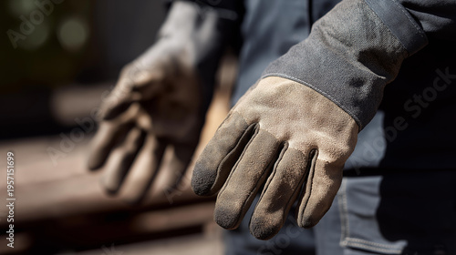 Close up shot of dusty work gloves after a long day of labor showcasing rough texture dirt stains and fabric wear. The image communicates effort endurance and professionalism. Industrial background