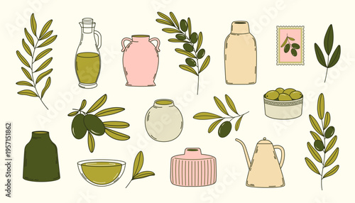 Greece pottery vase icon and olive branches set. Mediterranean Italy doodle summer elements. Vintage bohemian sing