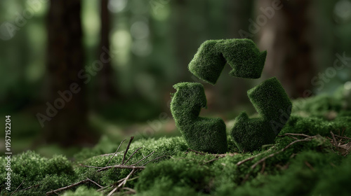 Large green recycling icon created from leaves moss and branches standing in woodland environment promoting sustainability waste reduction eco friendly innovation and protection of natural habitats