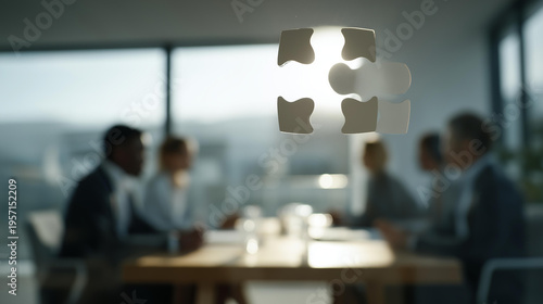 Startup planning concept showing professionals aligning puzzle pieces in a meeting room. The environment is bright and organized. Teamwork and focus are visually dominant. Puzzle imagery highlights