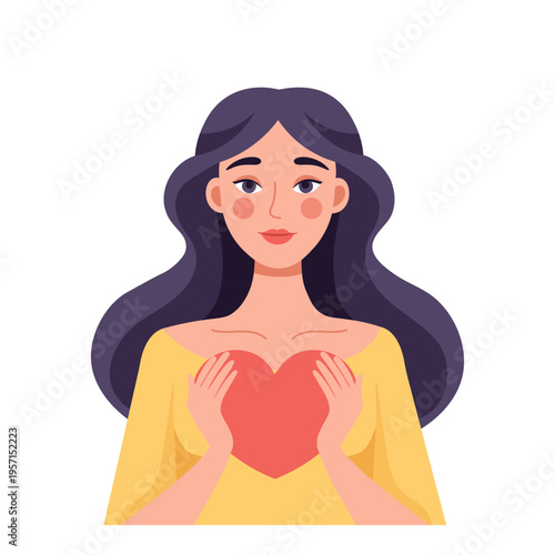 Cute woman holding heart. Love and care concept. Concept of self love, mental health, compassion, charity and positive emotions. Illustration.