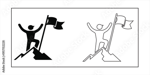Two stick figures standing on mountains with flags one in black and white outline