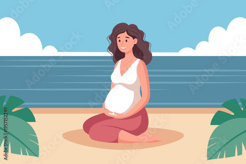 Happy pregnant woman sitting on the beach. Maternity concept, mental and body health wellbeing. Illustration.