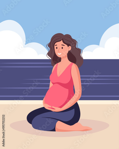 Cute pregnant woman sitting on the beach. Maternity concept, mental and body health wellbeing. Illustration.