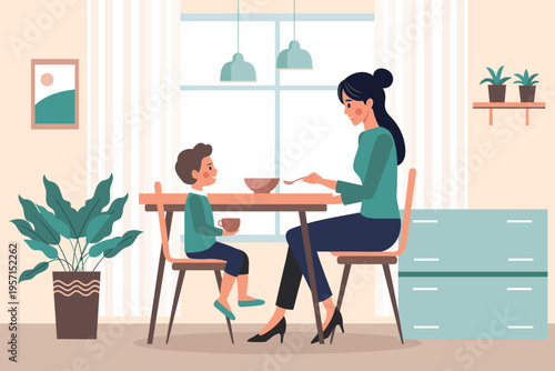 Mother and child sitting at the table and having breakfast in the kitchen. Illustration.